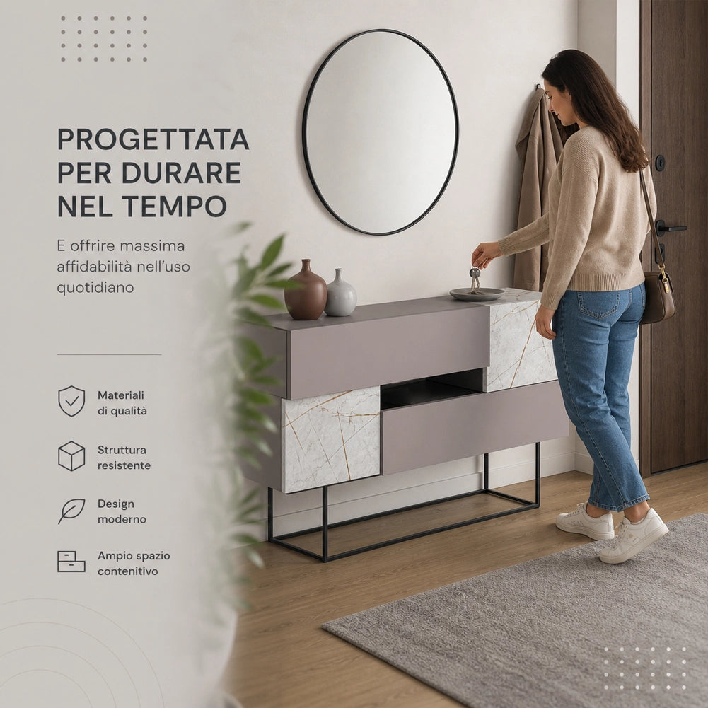 Madia Consolle Moderna 145 cm con 2 Ante 2 Cassetti Tortora e Marmo Bianco