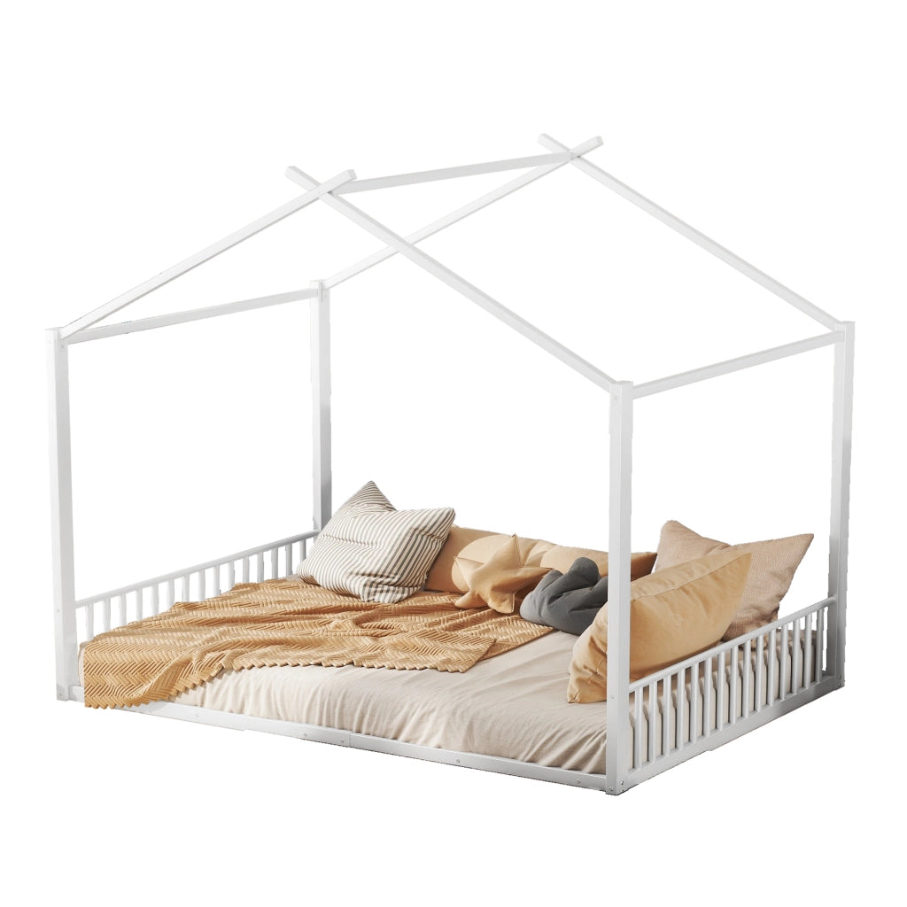 Letto per Bambini Letto Matrimoniale 140×200 cm con Struttura a Casetta; senza Materasso; in Metallo; Bianco
