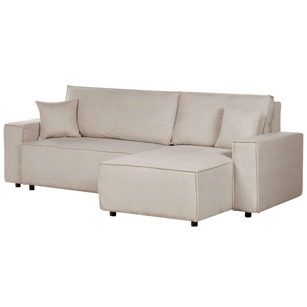 Divano angolare sinistro imbottito in velluto a coste beige con funzione di dormiente e schienale imbottito estraibile