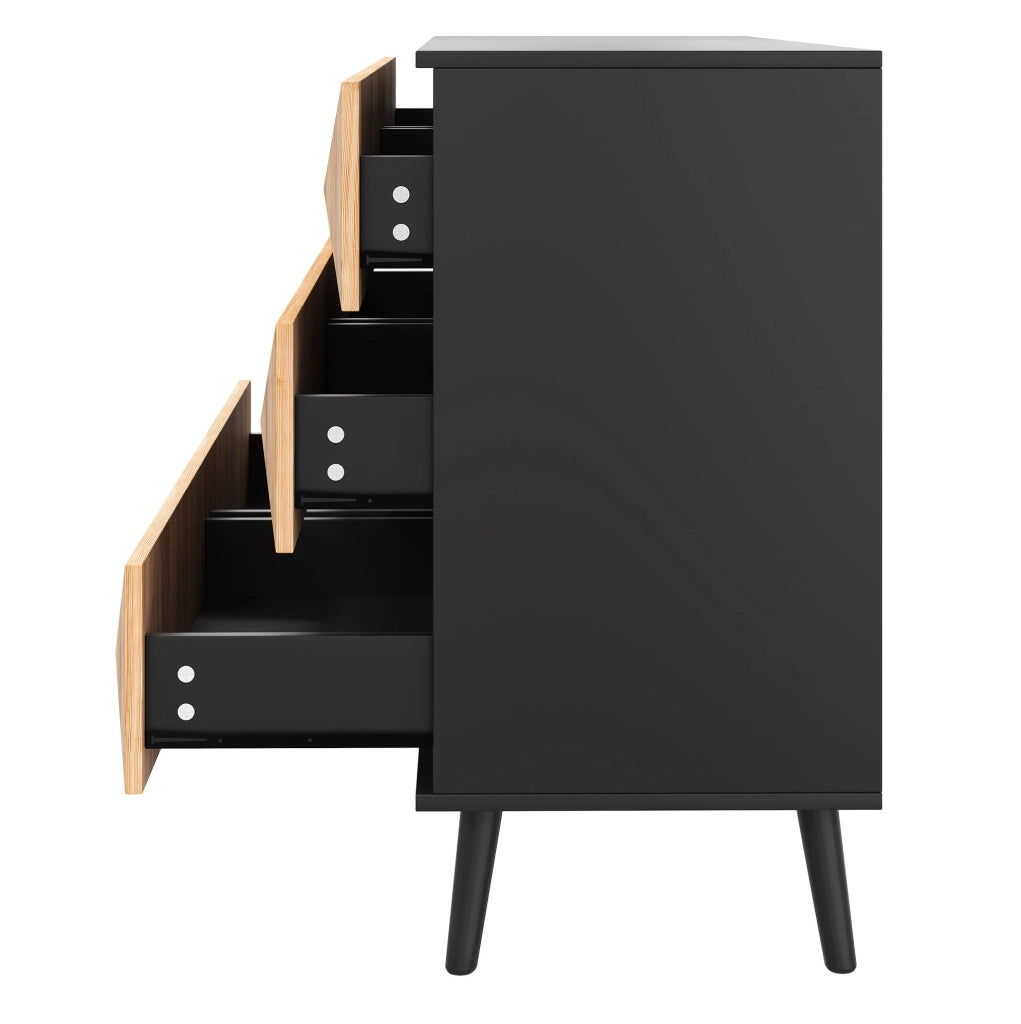 Credenza ULEVR 120x40x85 cm con 6 cassetti e frontali rialzati, nero e finitura legno