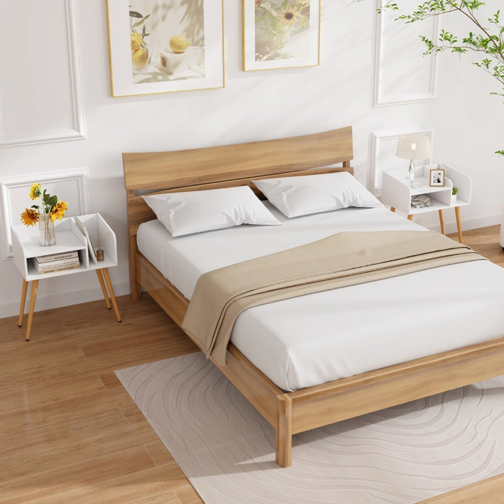 Set di 2 Comodini in stile moderno semplice ma pratico, Tavolini a 2 piani con mensole aperte Bianco + Naturale-Comodini