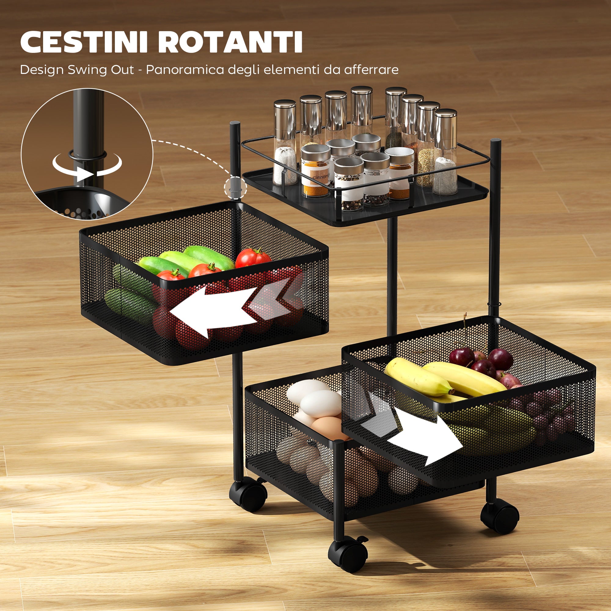 Carrello Cucina a 3 Livelli 27,5x27,5x62 cm con Cestini in Metallo Girevoli Ruote e Freno Nero