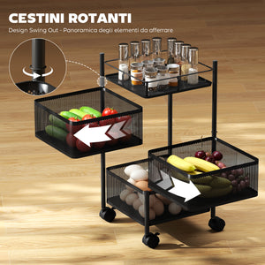 Carrello Cucina a 3 Livelli 27,5x27,5x62 cm con Cestini in Metallo Girevoli Ruote e Freno Nero