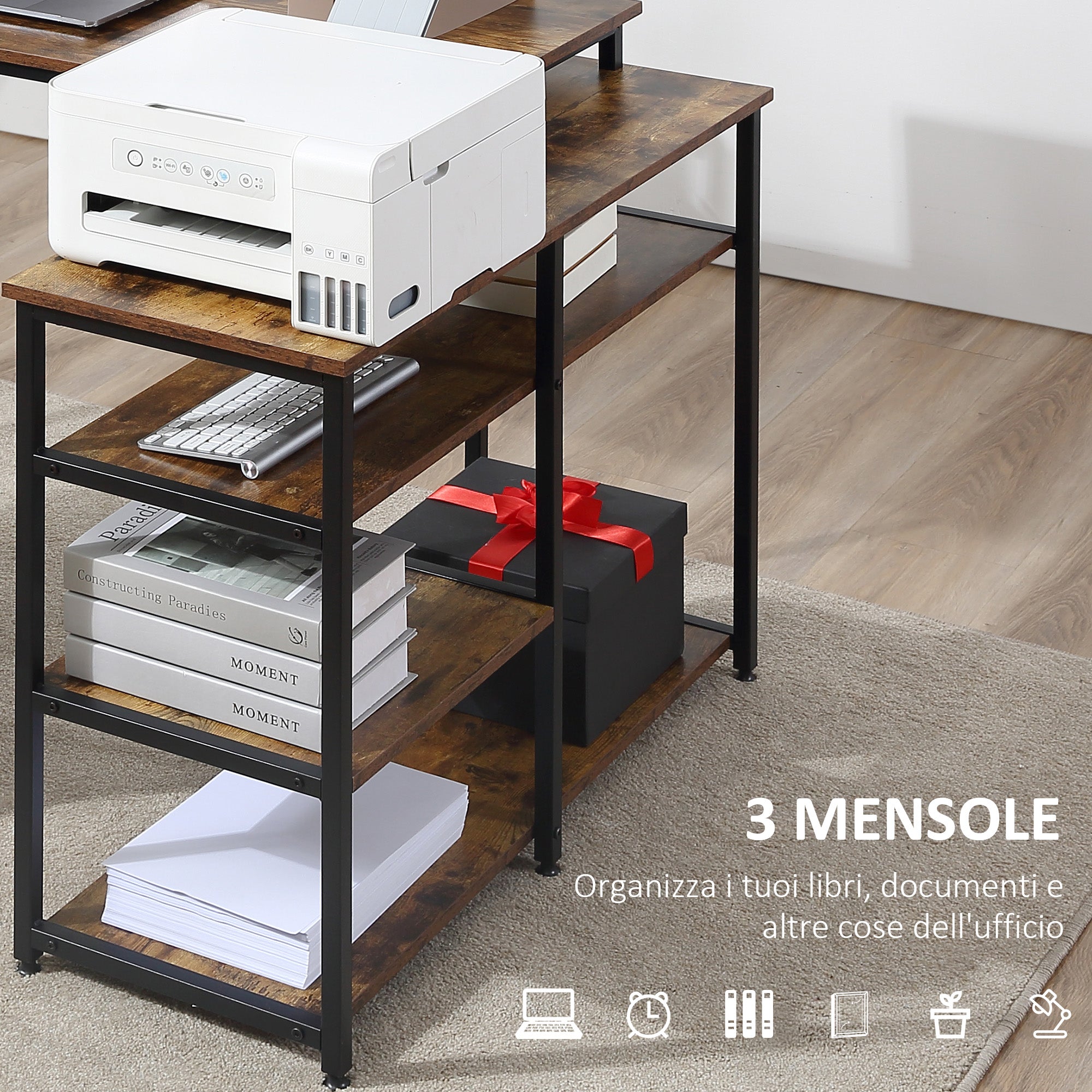 Scrivania Angolare in Stile Industriale 135x90x79 cm con Ripiani a Giorno Telaio in Acciaio Marrone e Nero