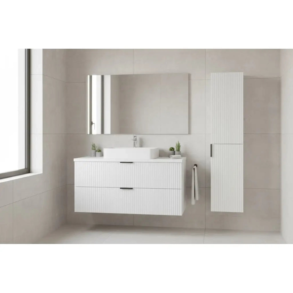 Set da bagno NOXERA 80 cm – Mobile sottolavabo sospeso bianco alpino opaco con piano per lavabo e colonna murale