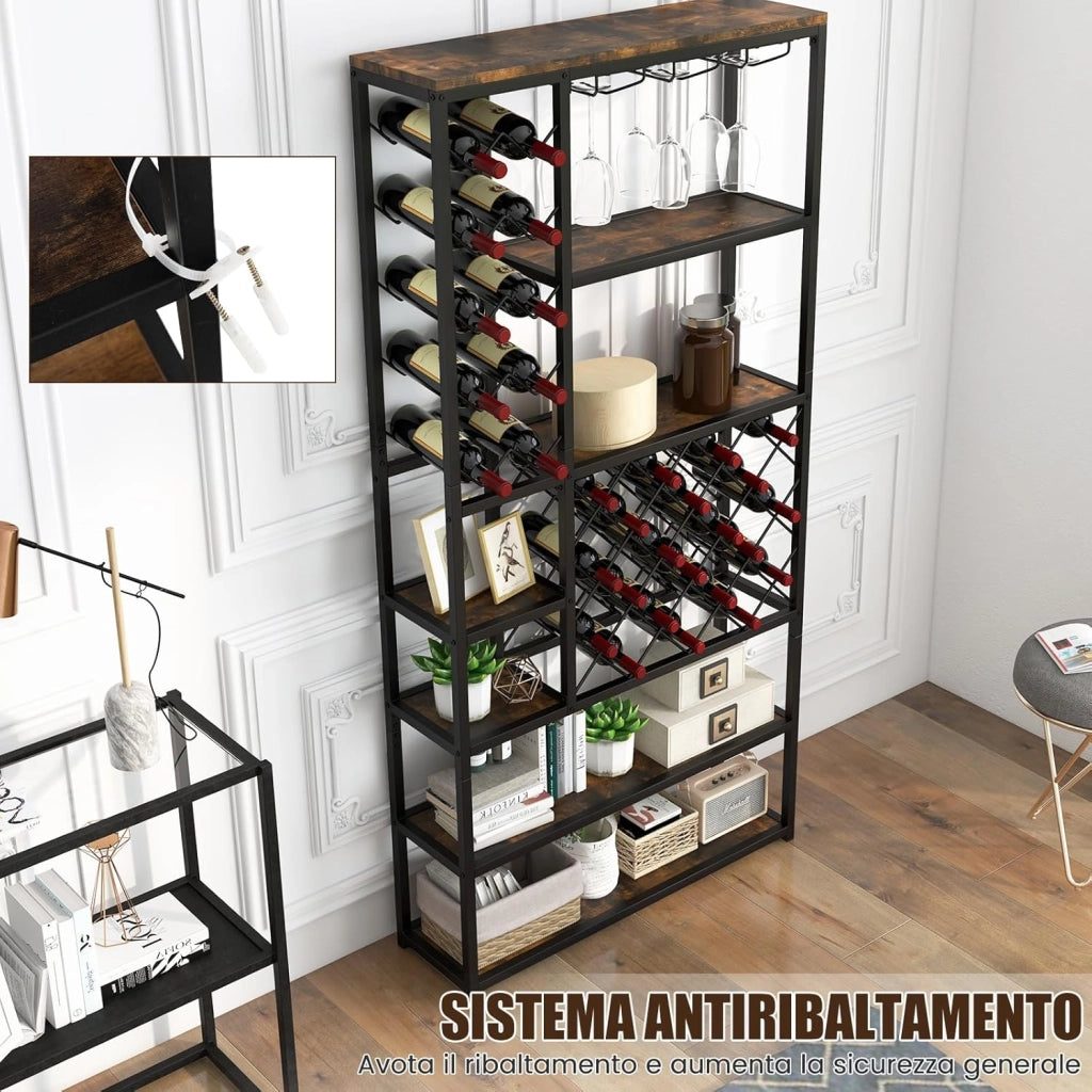 Portabottiglie da Terra, Cantinetta Portabottiglie Vino con Telaio in Metallo e 6 Ripiani, per 27 Bottiglie di Vino e 12 Bicchieri, per Cucina, Sala da Pranzo, 81 x 23 x 166 cm