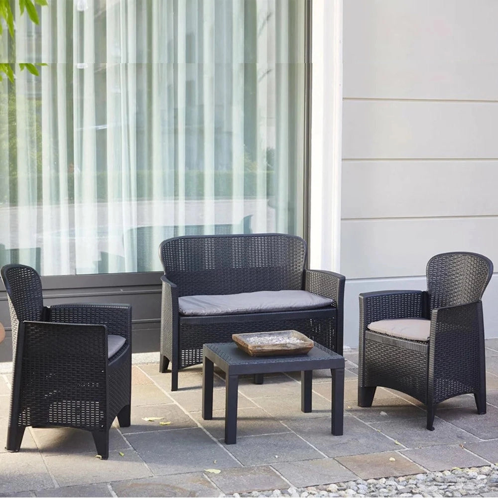 Trade Shop - Set Salotto Giardino Divano 2 Poltrone Tavolino Cuscini Effetto Rattan Antracite 156043 -