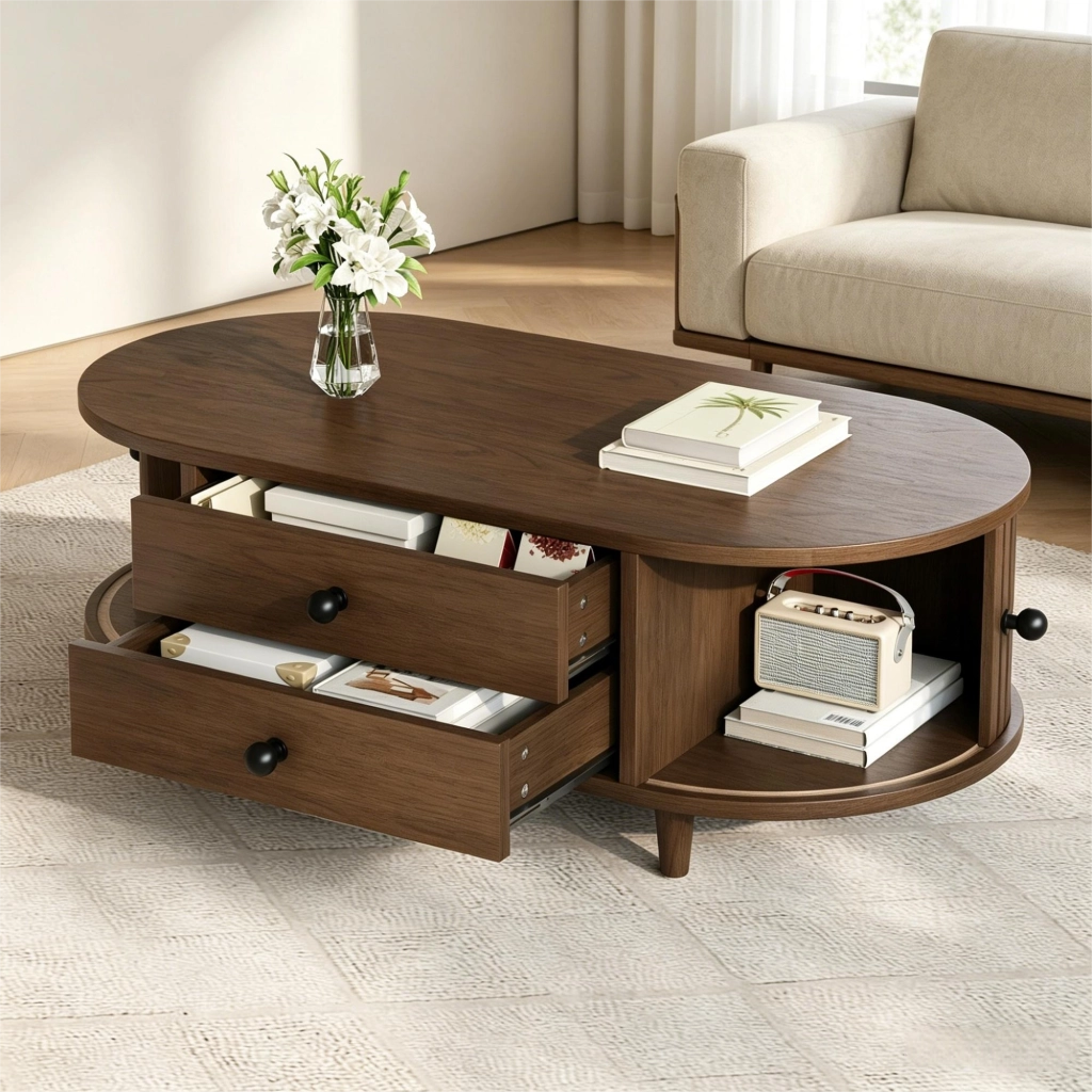 Tavolino basso con 2 cassetti e ante scorrevoli, in MDF con gambe in legno massello, noce 100 × 50 × 36 cm