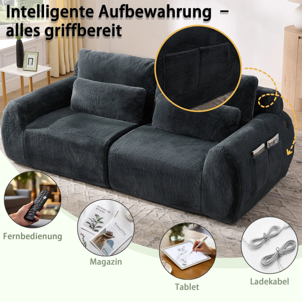Divano a due posti compatto in tessuto effetto peluche con imbottitura elastica, USB e tasca laterale, grigio