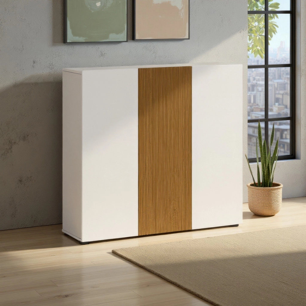 Mobile Portascarpe Palasio, Scarpiera 24 Paia Made in Italy, 120x34x115h cm Bianco Lucido