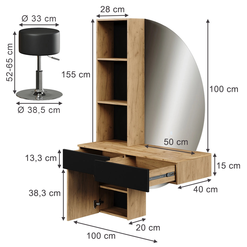 Vicco Tavolo da toeletta Quercia/nero 100 cm con specchio LED e sgabello