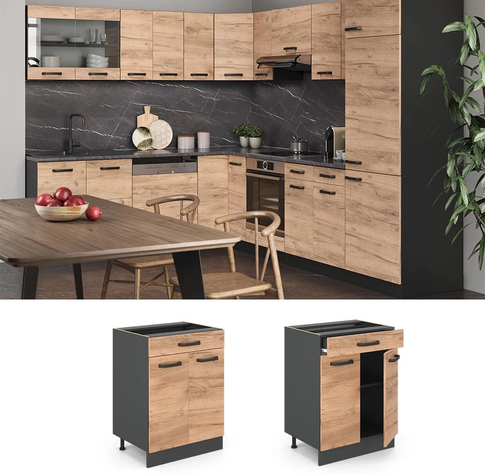 Mobiletto base per cucina R-Line, Quercia dorata, 60 cm, AP Oak, per la libera combinazione all'interno di sistemi cucina modulari