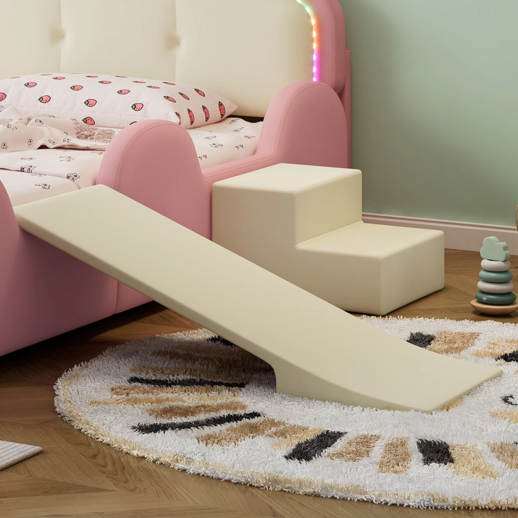 LETTO imbottito per bambini 90x200 cm PU rosa e beige con LED, scivolo e scala