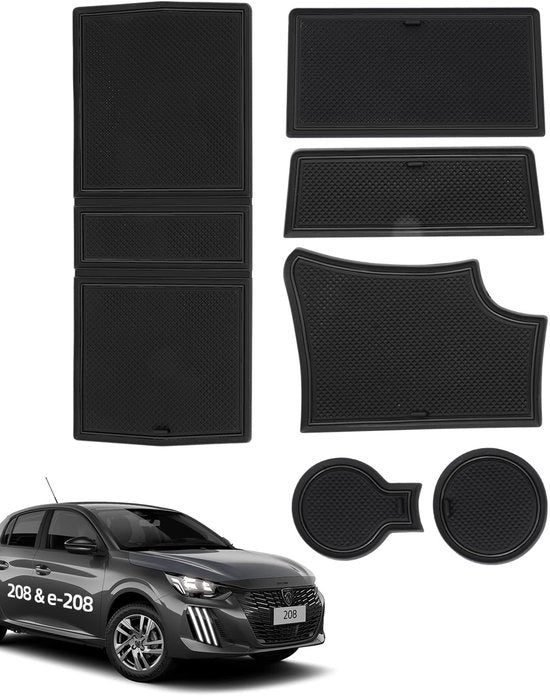 Antislipmatten per Peugeot 208 e-208 2008 e-2008 2020-2024 2025, 6 pezzi di gomma per console centrale, cassetto portaoggetti, contenitore per bicchieri, vano portaoggetti integrato, vano braccio, nero