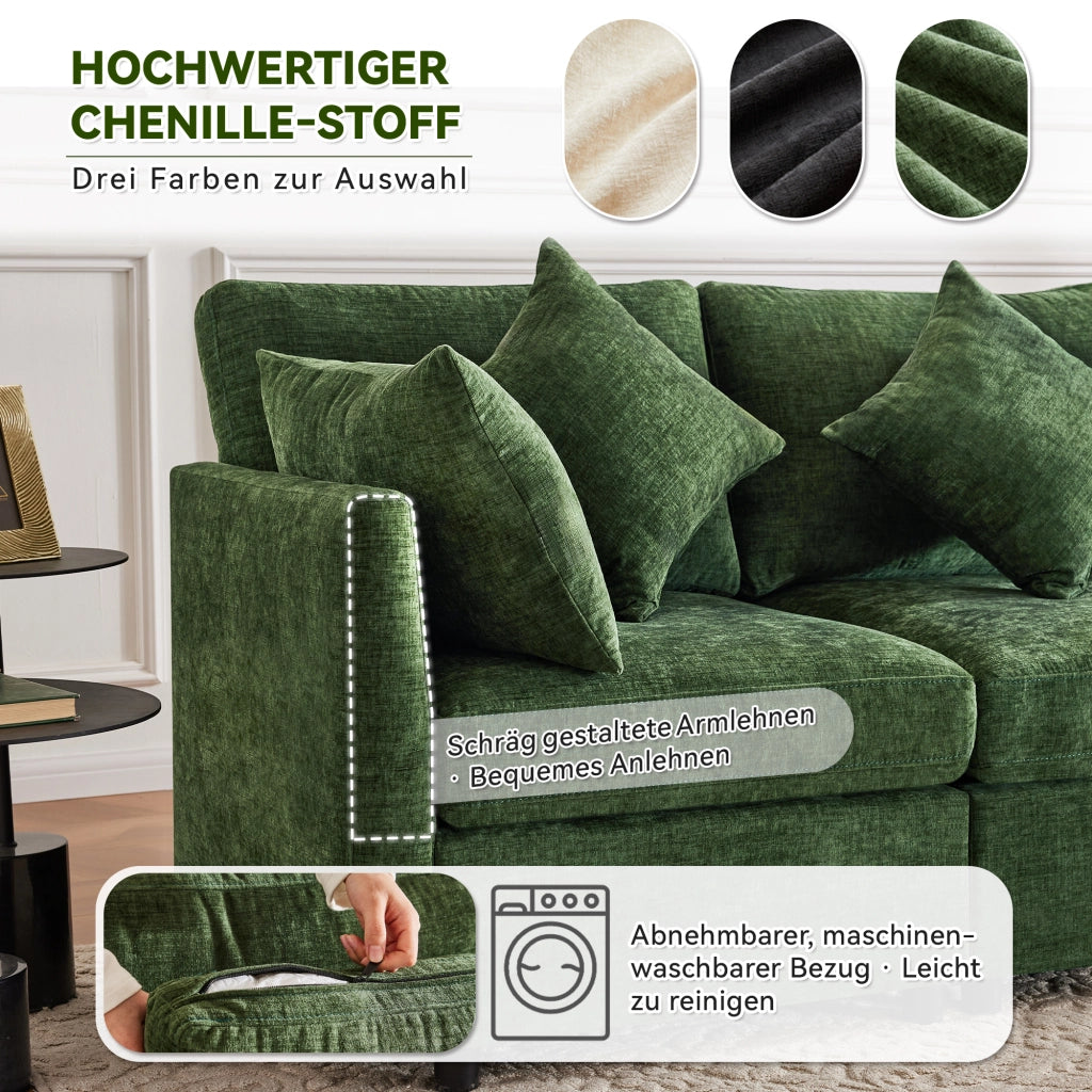 Divano modulare da 4 a 6 posti in chenille verde a U o L con 2 pouf e 6 cuscini 278 × 161 × 81 cm