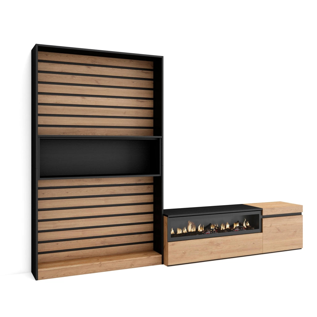 Mobile TV, Soggiorno, 260x35x186cm, Per TV fino a 65", Camino elettrico, colore Rovere e nero RF3155
