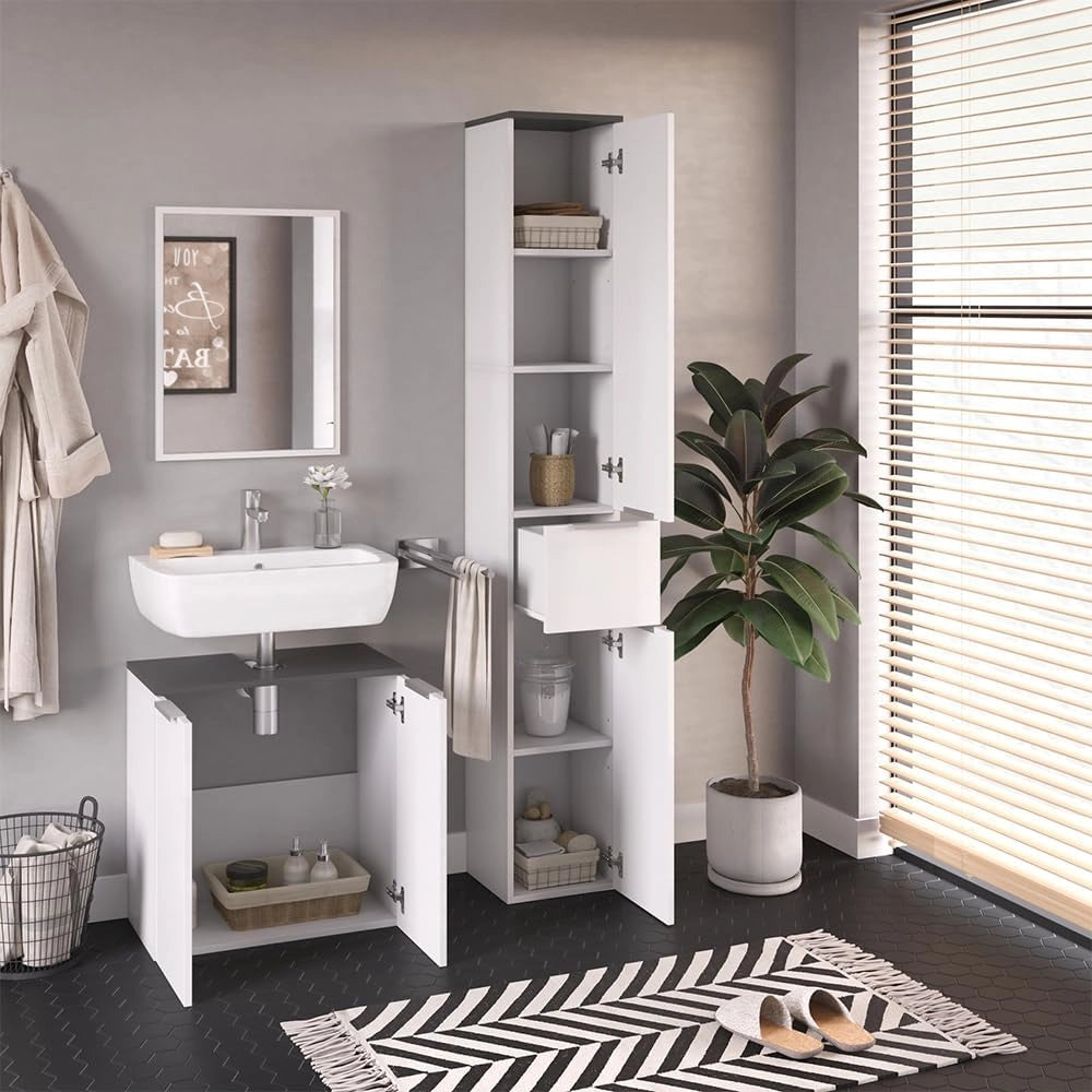 Mobile bagno alto Otis, Bianco lucido, 30 x 190 cm, per la conservazione in bagno abbinabile alla serie Otis