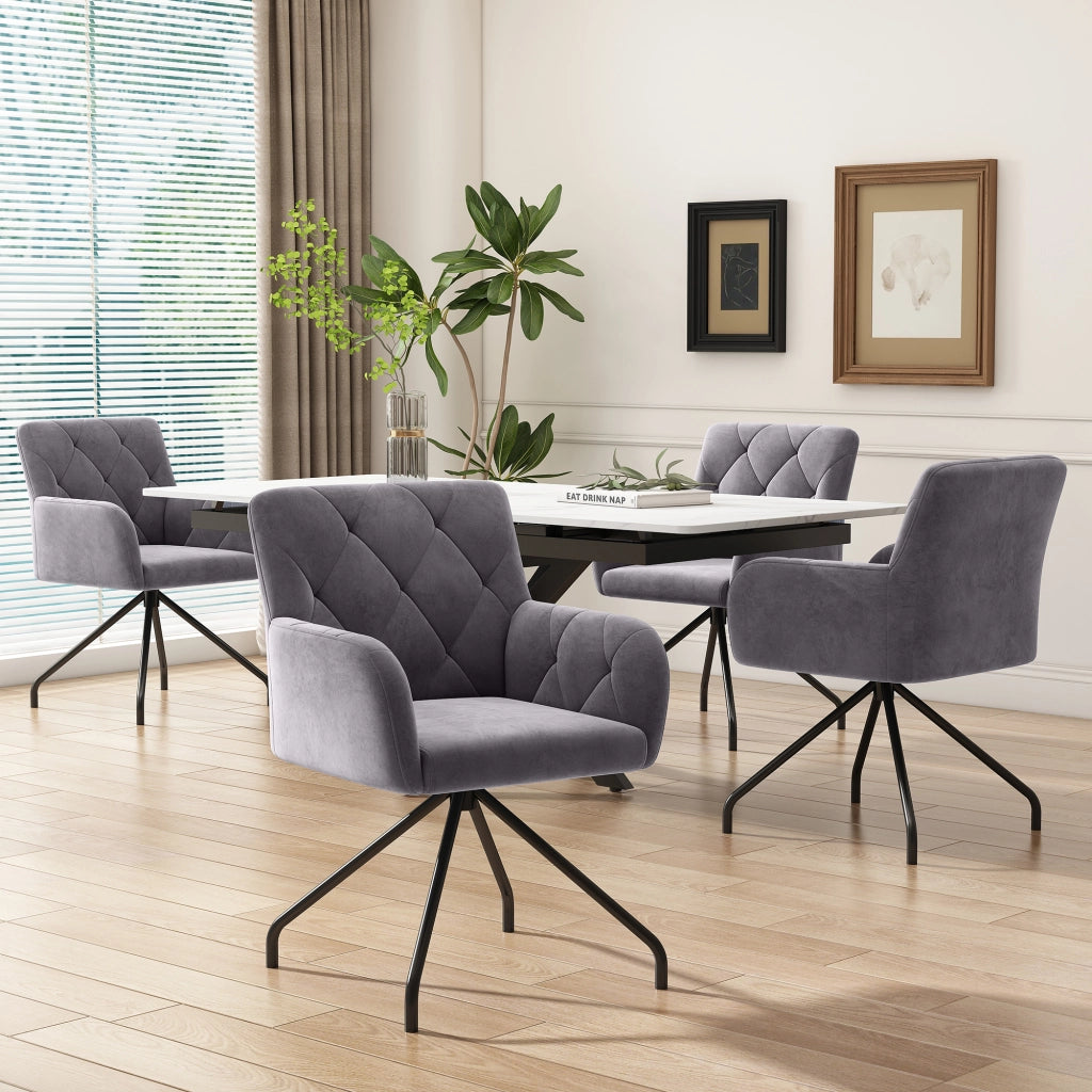 Set 2 sedie imbottite da sala da pranzo in velluto grigio scuro con braccioli e gambe in metallo