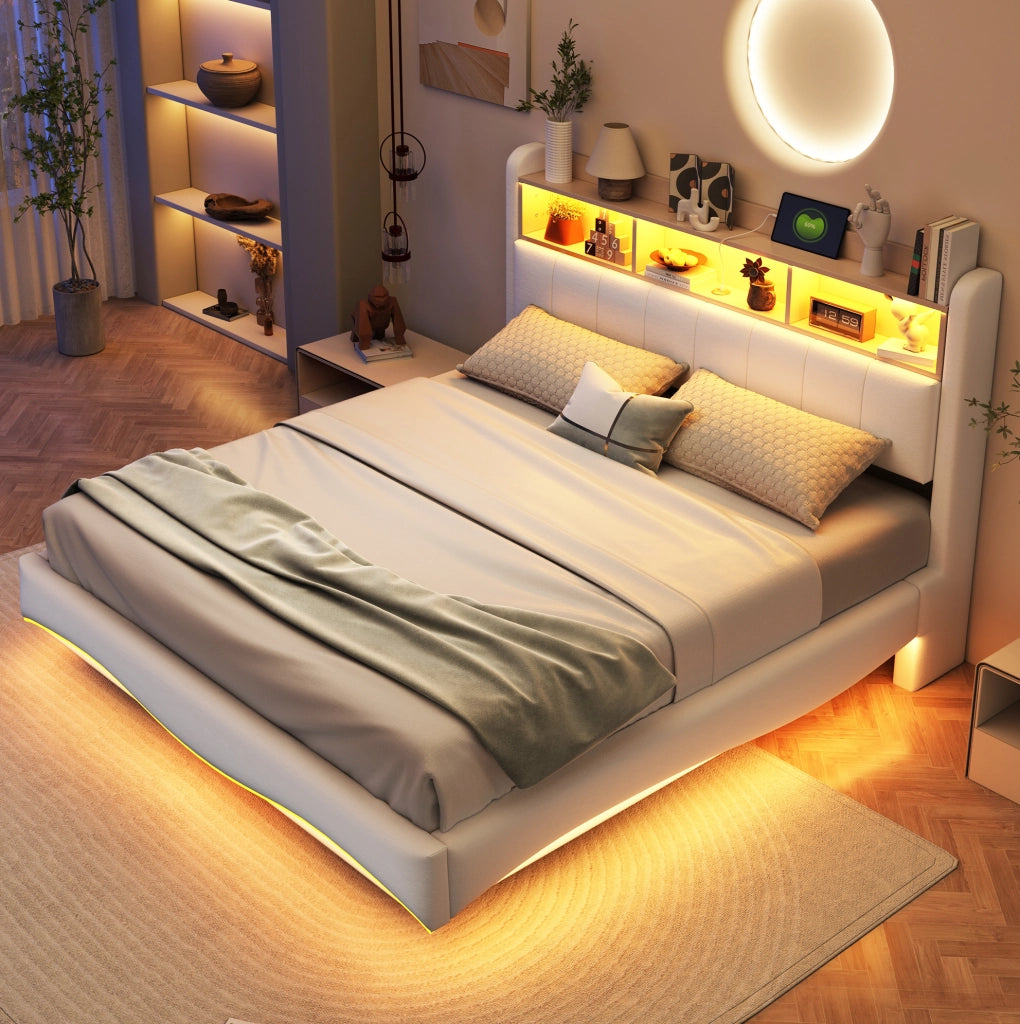 Letto imbottito 160x200 cm beige, struttura in metallo con LED e USB