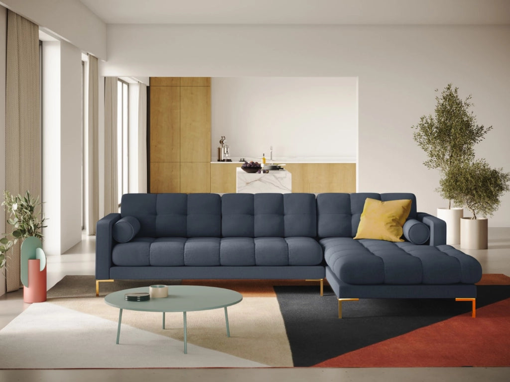 Cosmopolitan Design - Divano angolare destro "Bali" 5 posti in tessuto strutturato blu scuro 