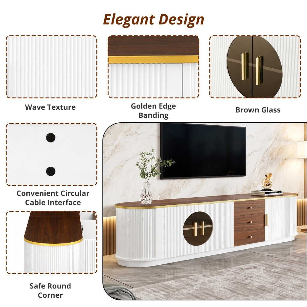 Mobile TV, ante in vetro marrone, in MDF, maniglie in metallo, finitura effetto legno, bianco e marrone