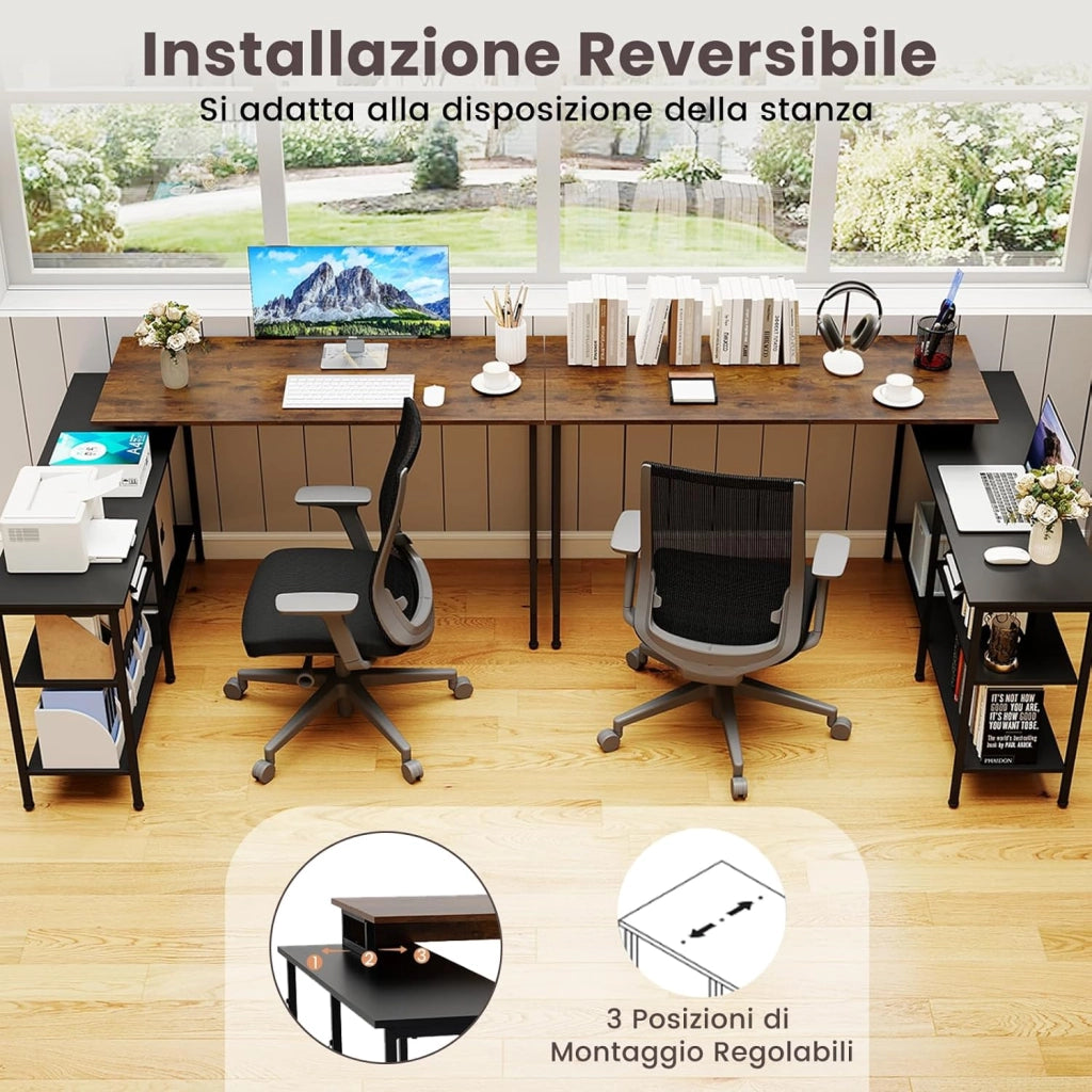 Scrivania Angolare Salvaspazio, Scrivania ad Angolo Gaming con Piano Regolabile in Lunghezza e 2 Ripiani Portaoggetti, Scrittoio Reversibile per Studio e Ufficio, 135x120x74,5cm