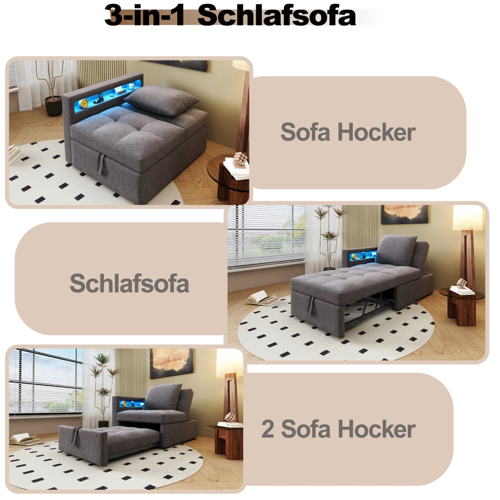 DIVANO LETTO 3 in 1 177x68x65 cm Tessuto di lino Grigio scuro USB/Type-C
