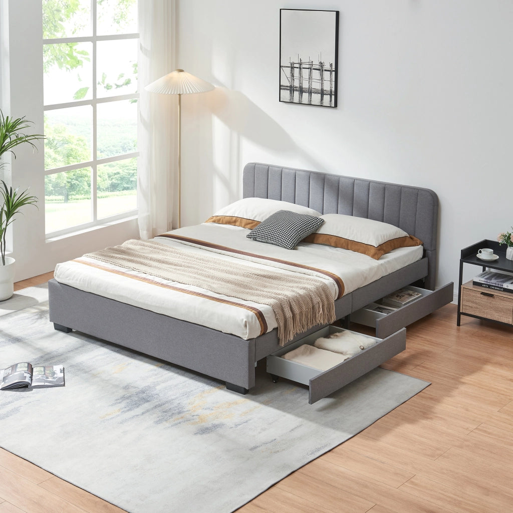 Letto Matrimoniale Nofrenna con Testiera e 4 Cassetti 160x200 cm Grigio [en.casa]