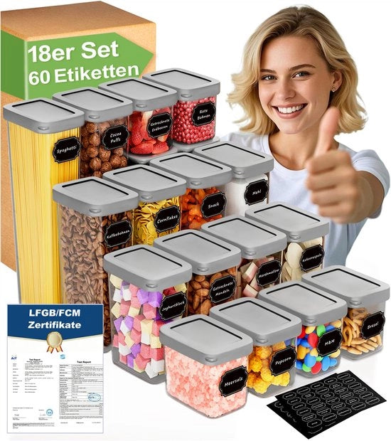 Cassa di stoccaggio a 18 celle con coperchio, chiusura ermetica, cassa di stoccaggio per cucina, cassetti di stoccaggio a chiusura ermetica, cassa di stoccaggio per farina, zucchero, cereali per colazione