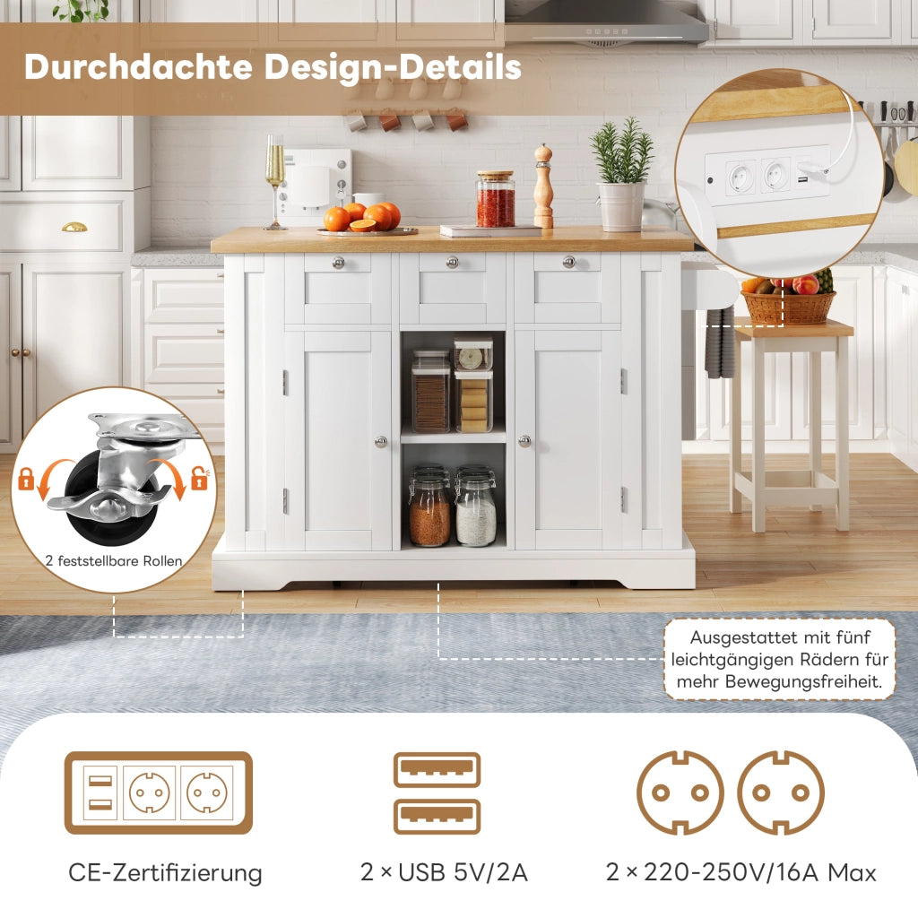 TAVOLO Cucina mobile con piano ribaltabile e presa USB 132x40/70x87 cm Bianco/Naturale