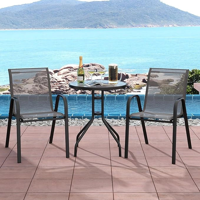 Set Mobili da Giardino 3 Pezzi, con Tavolo Rotondo in Vetro Temperato e 2 Sedie in Textilene Traspirante, per Esterno Balcone Giardino (Grigio)