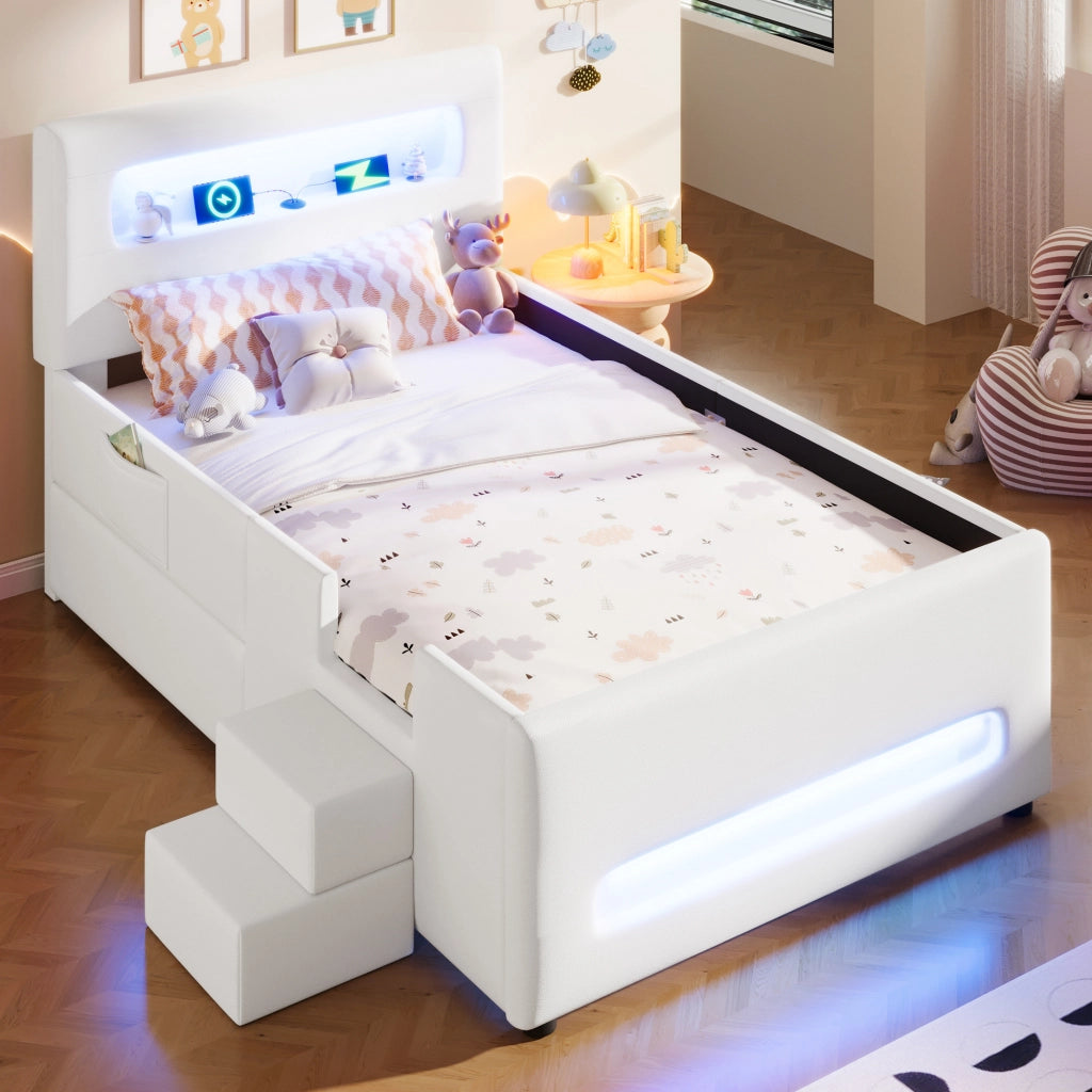 LETTO con cassetto 90x200 cm in PU bianco con LED
