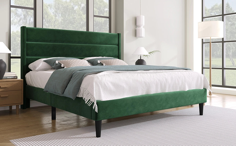 Letto imbottito 140x200 cm in velluto verde scuro con rete a doghe e testiera