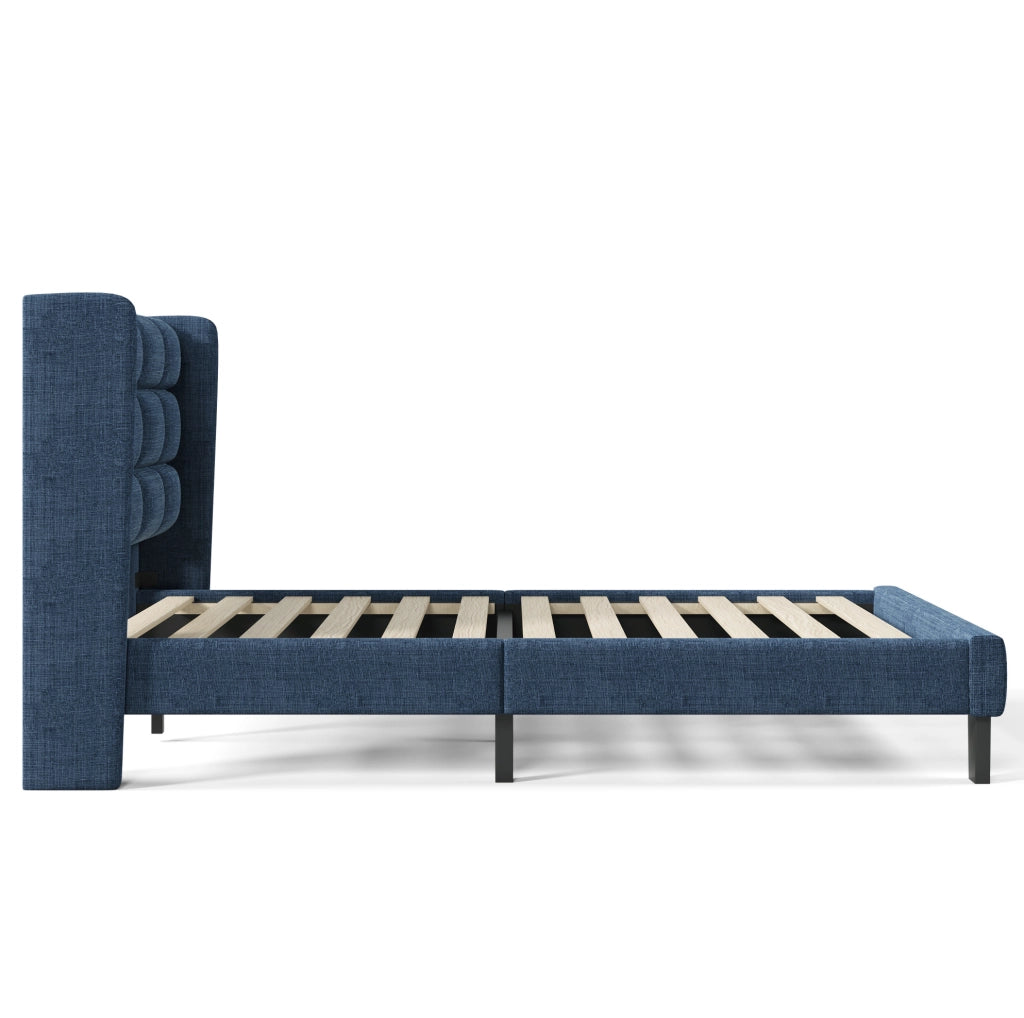 Letto singolo imbottito con testiera e rete a doghe 90x200 cm in lino blu