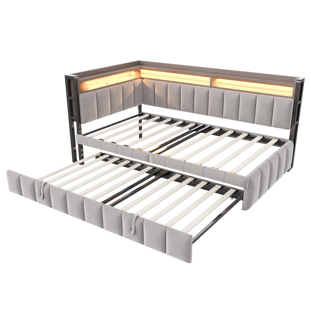 Letto estraibile singolo 90×200 cm con LED; ripiani; USB e type-C; senza materasso; tessuto; grigio