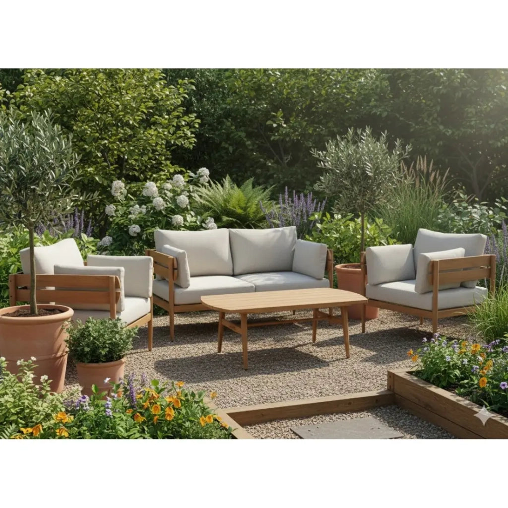 Set da giardino SELVANO 4 posti in alluminio effetto legno con cuscini beige e tavolino basso