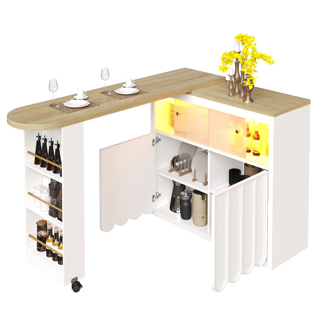 Tavolo Bar Estensibile con Vano Contenitore; Porta Scorrevole in Vetro; LED; USB e Ruote per Cucina e Soggiorno