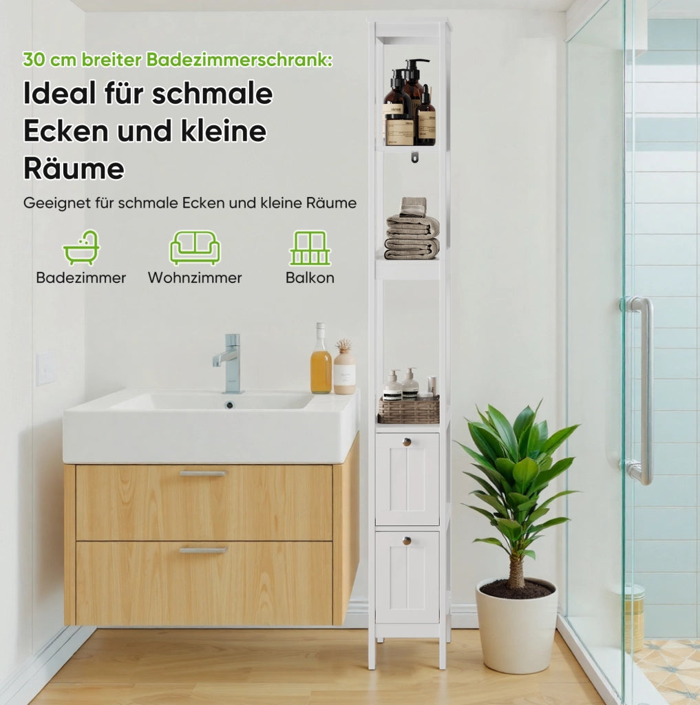 Mobiletto bagno stretto in MDF bianco con 2 cassetti e 3 ripiani, 20x30x160 cm