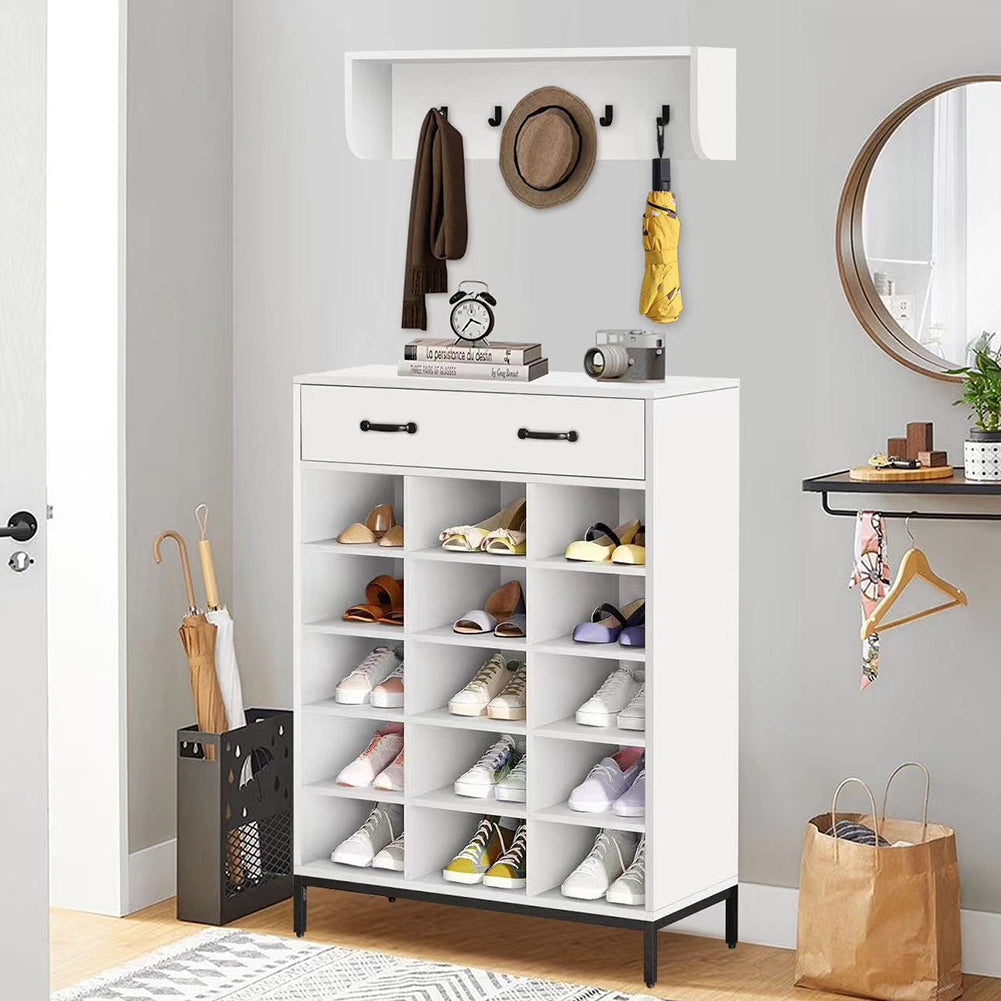 Mobile Ingresso con Scarpiera 15 Paia e Appendiabiti da Parete Bianco