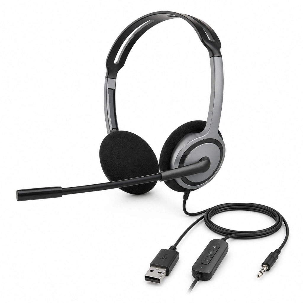 CUFFIE MICROFONO 2 IN 1 USB AUX UFFICIO CALL CENTER PC LAPTOP SMART WORKING