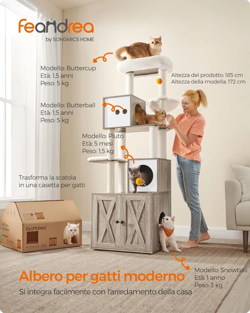 Feandrea Albero per Gatti Moderno, Tiragraffi con Mobile per Lettiera, 185 cm, Condominio per Gatti, Graffiatoi, Trespolo, Cuscini Lavabili, Greige PCT116G01