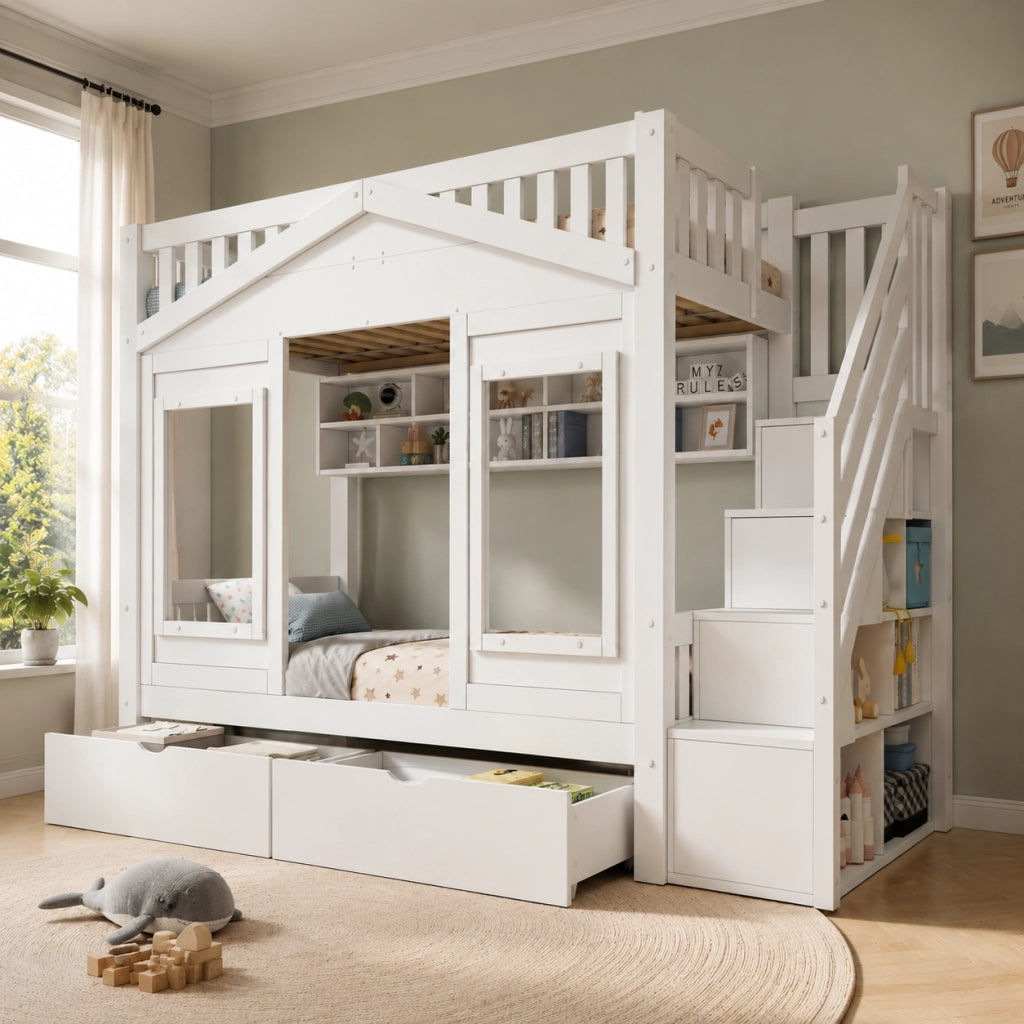 Letto a Casetta 90x200 cm; Letto Singolo - Scala contenitore; Cassetto; Ripiani - Bianco