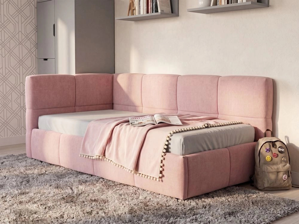 Divano letto imbottita in tessuto rosa lato sinistro 90x200 cm con pouf contenitore a forma di L