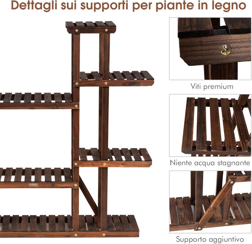Scaffale Porta Piante a 9 Ripiani, Porta Piante da Interno ed Esterno a Scala in Legno, Porta Vasi da Balcone, Giardino e Salotto, 125 x 25 x 114 cm