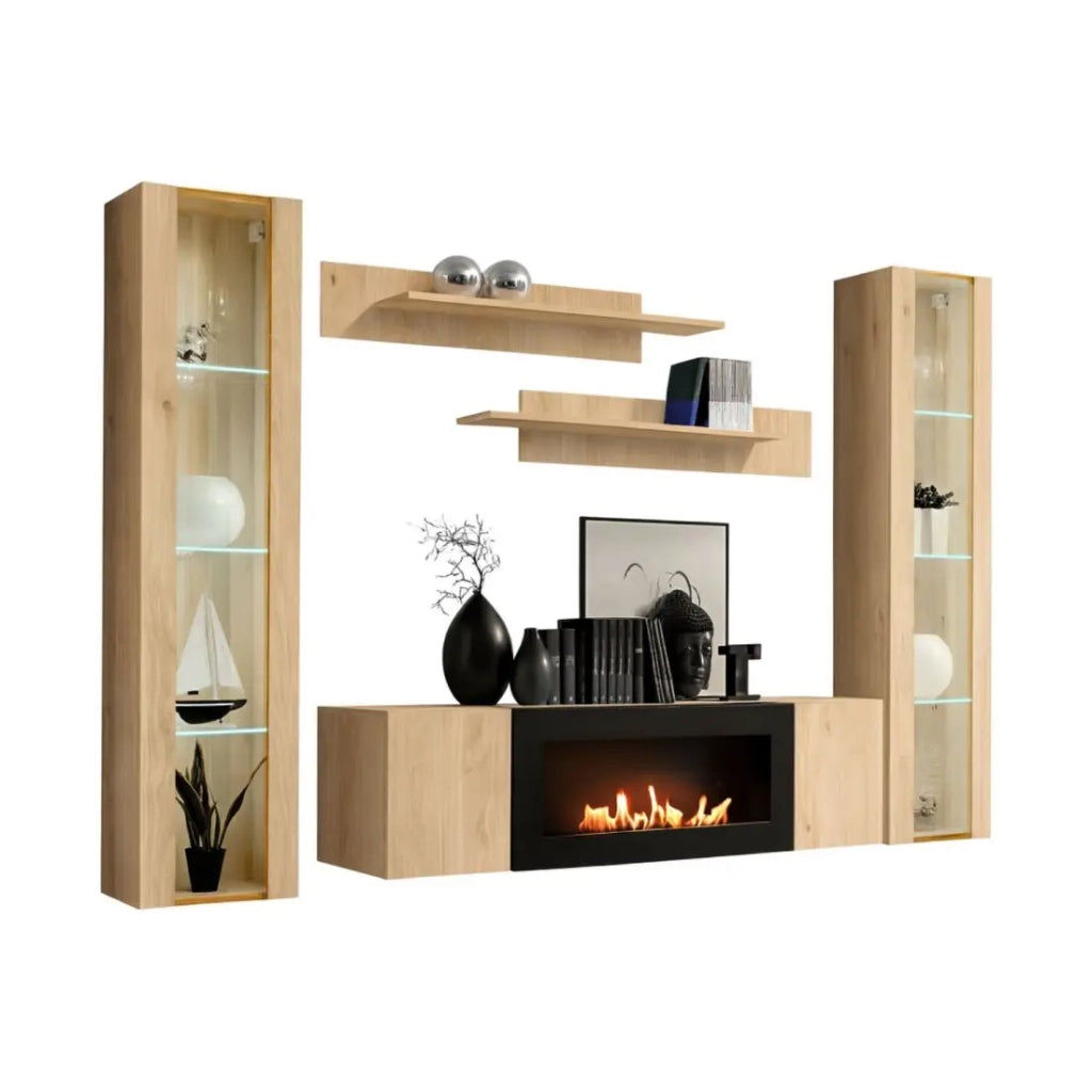 Composizione murale FLY – Rovere chiaro – Vetrine, scaffali e mobile TV con camino bio-etanolo