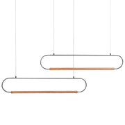 Lampadario a 2 luci LED integrate design paralumi metallo verniciato nero e legno chiaro stile moderno