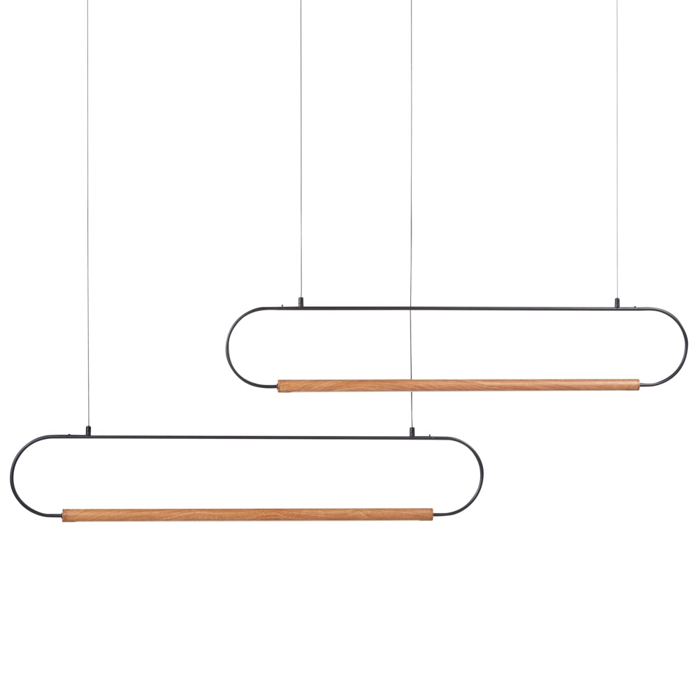 Lampadario a 2 luci LED integrate design paralumi metallo verniciato nero e legno chiaro stile moderno
