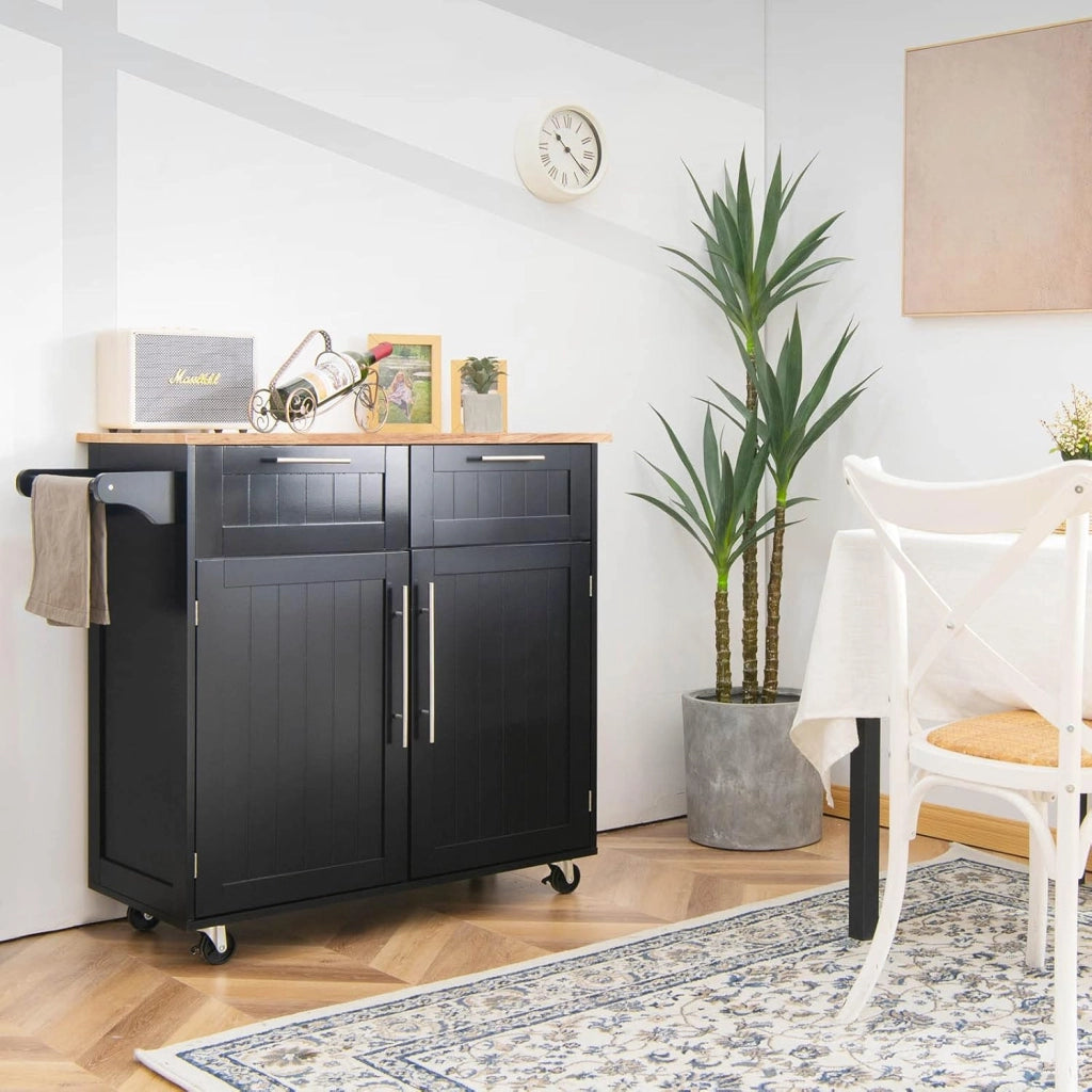 Carrello da Cucina in Legno con Piano di Lavoro, Armadio da Cucina su Ruote, Carrello da Portata con Portasciugamani e 2 Cassetti, Isola da Cucina Mobile, 3 Colori