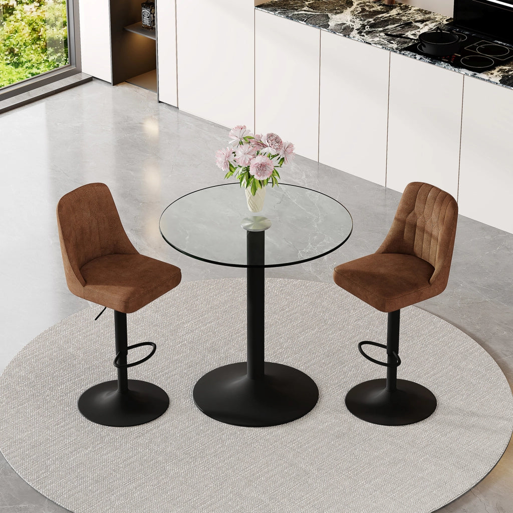 Set tavolo bar rotondo in vetro Ø89 cm con 2 sgabelli girevoli marroni