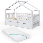 Letto montessori bambini Design, Bianco, 80x160 cm con 2 cassetti e materasso, adatto come area giochi e zona notte per bambini